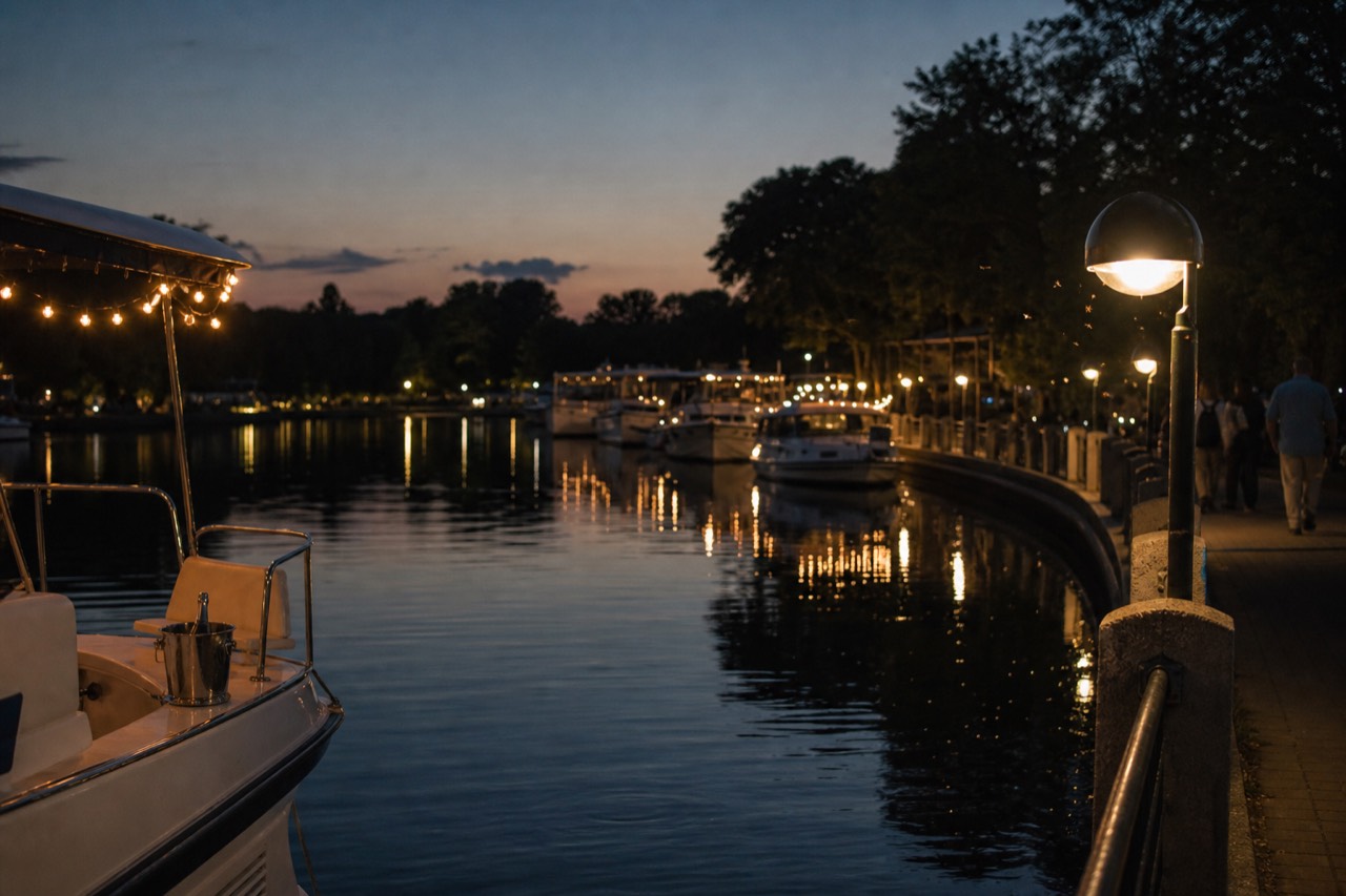 Evening view of a Fort Lauderdale waterfront with lit boats, no text, no logos, no people
