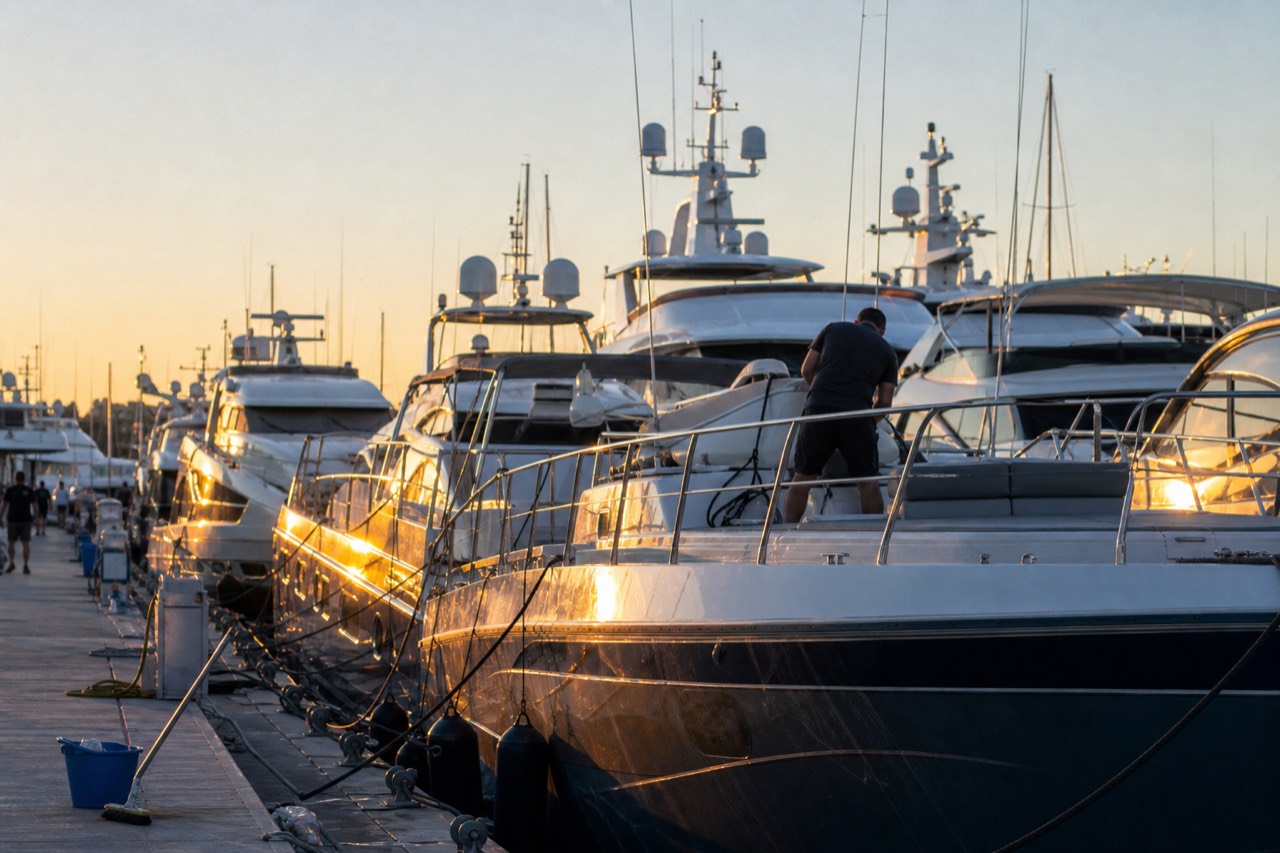 Superyachts moored along a Fort Lauderdale marina at golden hour, no text, no logos, no people