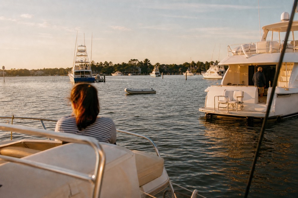 Golden hour light over the Intracoastal Waterway with yachts at anchor, no text, no logos, no people