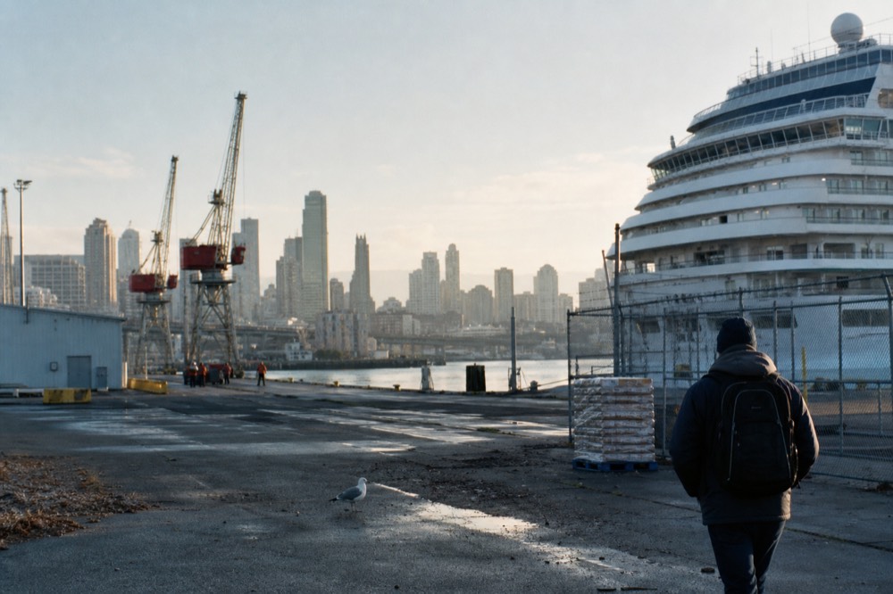 Cruise terminal at Port Everglades with downtown Fort Lauderdale skyline behind, no text, no logos, no people