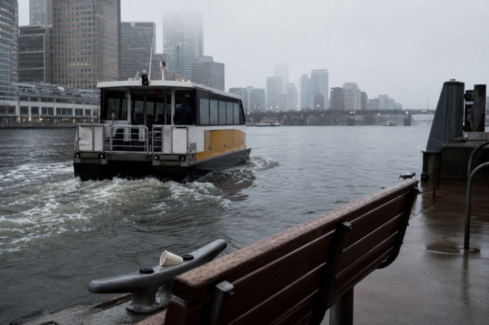 A water taxi boat approaching a dock on the New River, no text, no logos, no people