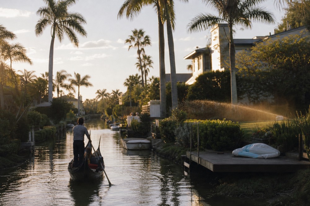 A small electric gondola gliding along a narrow residential canal lined with palm trees, no text, no logos, no people