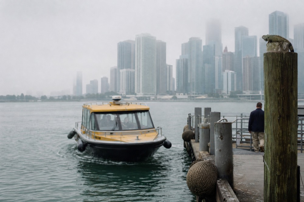 Water taxi approaching a dock along the New River with downtown Fort Lauderdale in the background, no text, no logos, no people