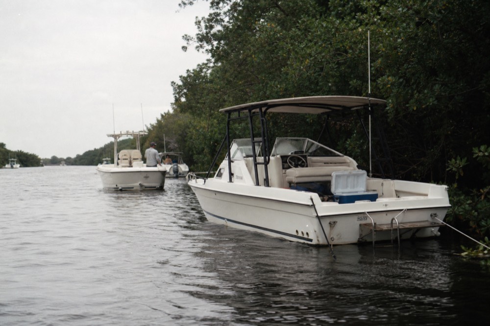 Private boats anchored along a waterway shoreline waiting for evening, no text, no logos, no people.
